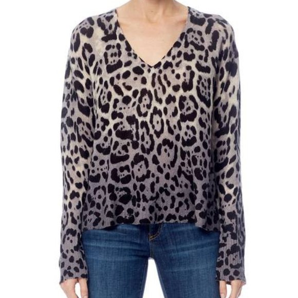 360 Cashmere Lauren Leopard Print Dip Dye Sweater Size S Grey Black Ombre V-neck - Picture 1 of 8